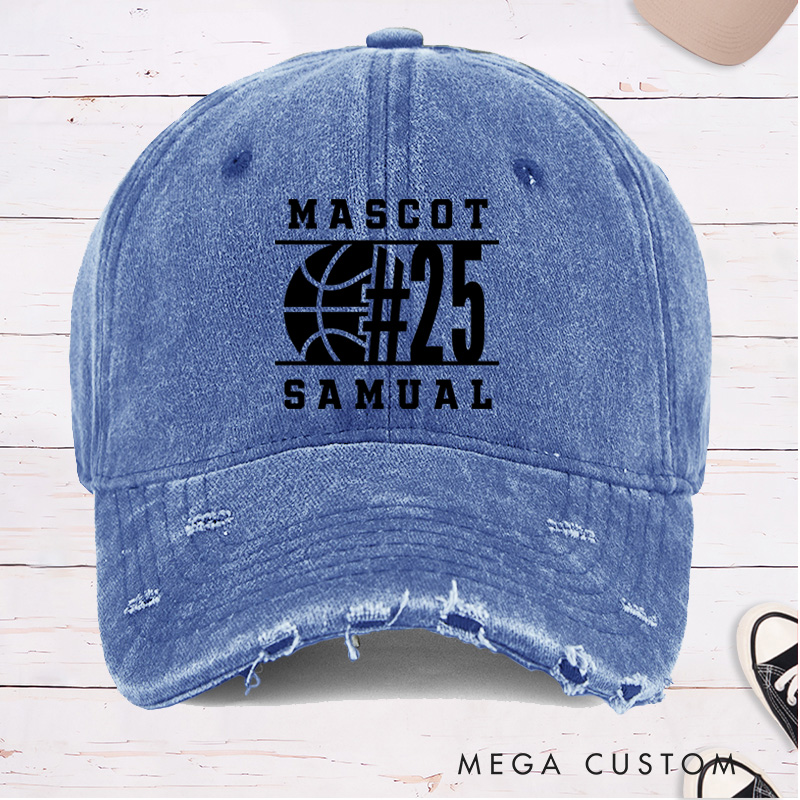 Personalized Distressed Denim Basketball Cap with Custom Team Name Jersey Number and Player Name Design