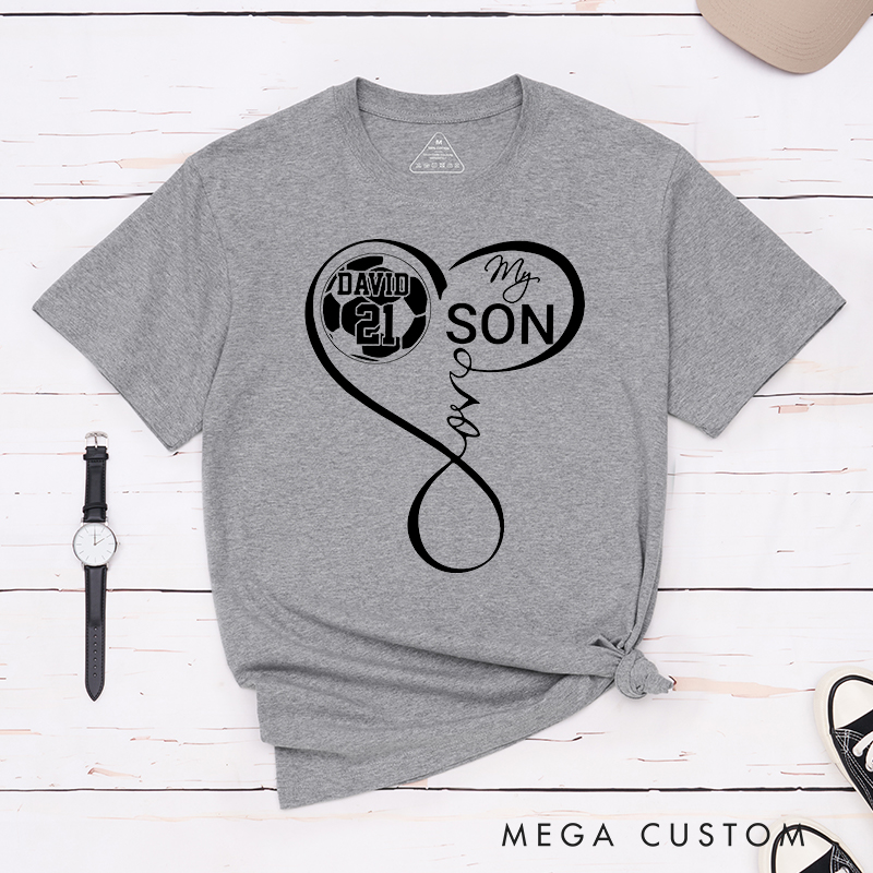 Personalized "My Son" Soccer T-Shirt with Heart Design and Custom Name and Number