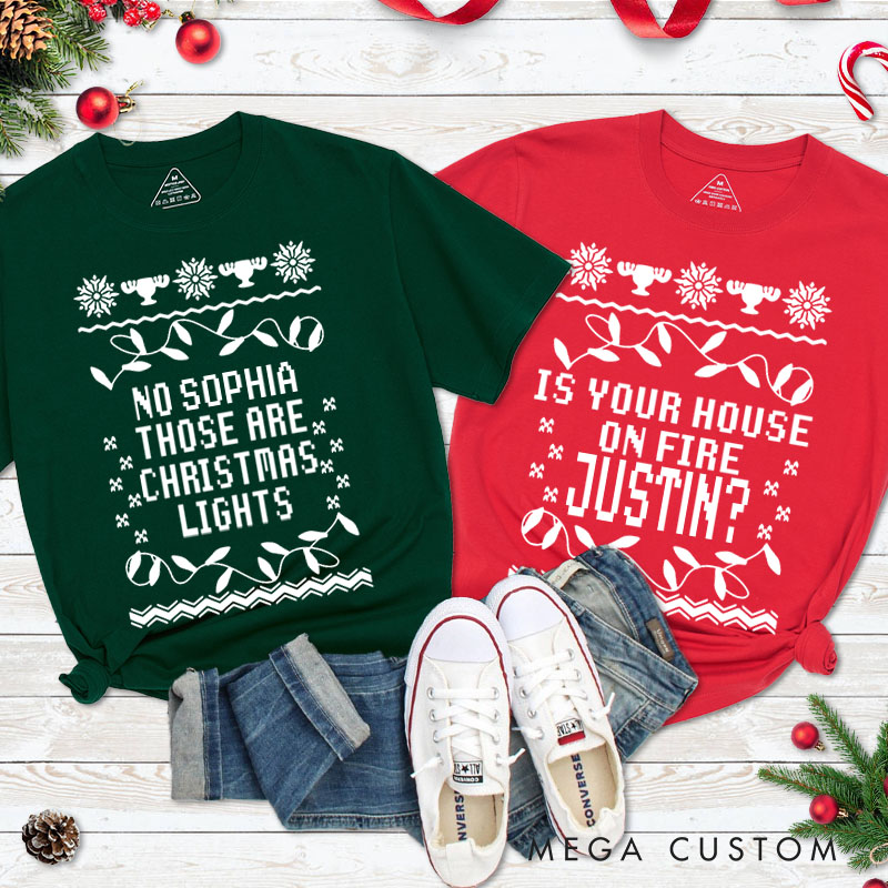 Personalized Couple Is Your House on Fire Christmas T-Shirt Couple Those Are Christmas Lights Matching T-Shirt for Husband Wife Boyfriend Girlfriend