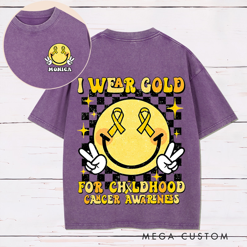 Personalized Two Sides Printed Washed T-Shirt Customized I Wear Gold for Childhood Cancer Awareness Design Washed T-Shirt 