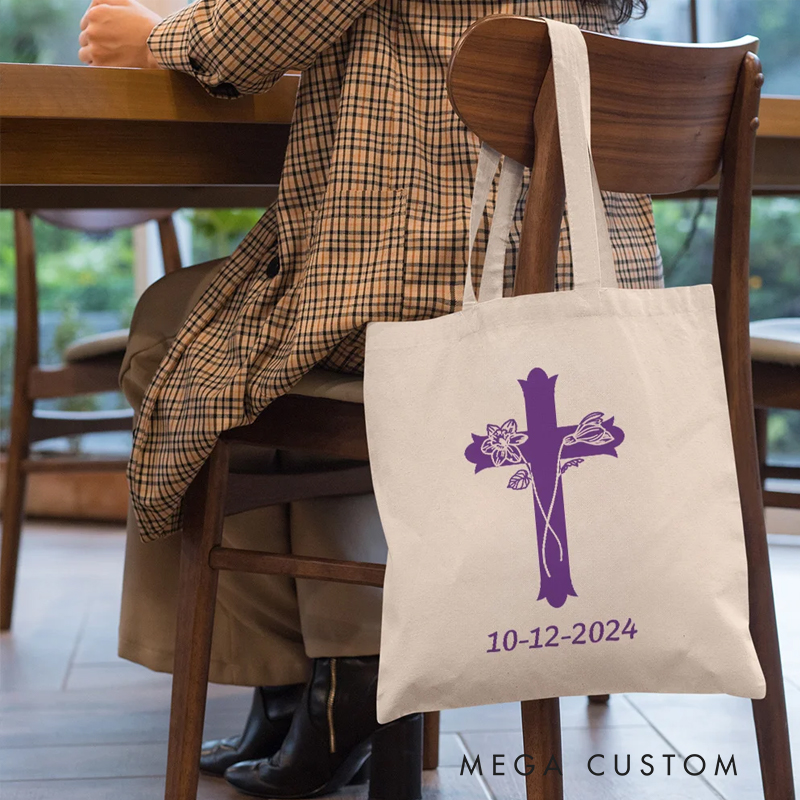 Personalized Cross Birth Flowers Large Bible Carrying Canvas Bag with Text Christmas Baptism Gift for Christian