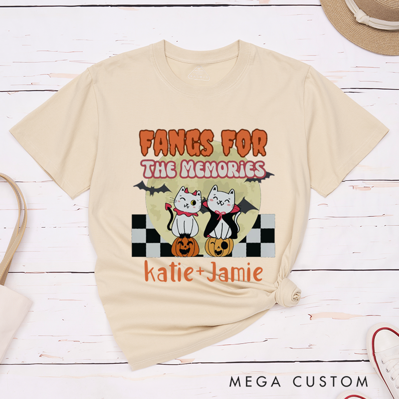 Personalized It was Love at First Bite and Fangs for the Memories Cat Design Couple Matching Halloween T-Shirt