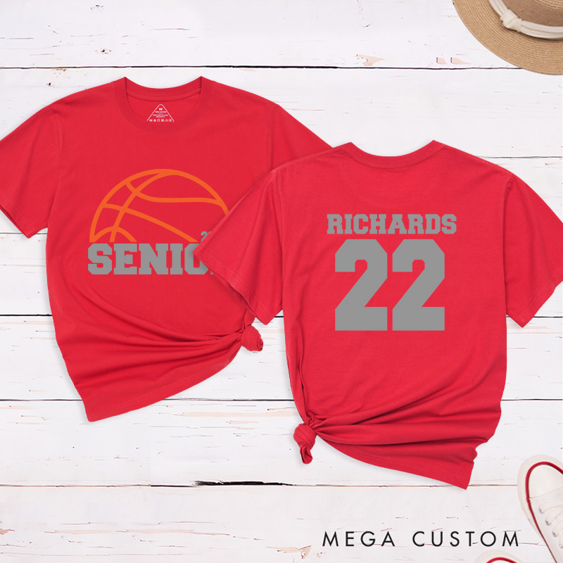 Personalized Senior Basketball T-Shirt with Custom Name, Jersey Number, Year, and School Spirit Campus Style Design