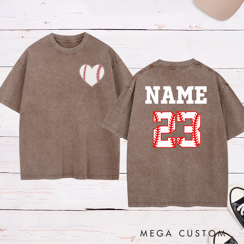 Personalized Baseball Heart Washed T-Shirt with Custom Name and Number 