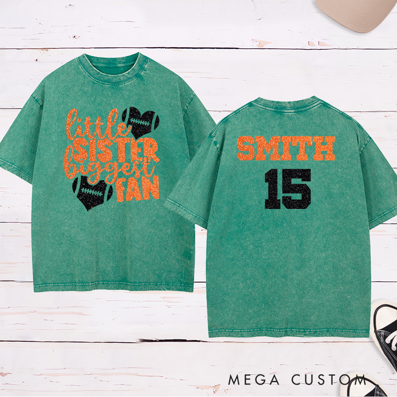 Personalized American Football and Rugby Washed T-Shirts for "Little Sister Biggest Fans" with Custom Name and Number on the Jersey