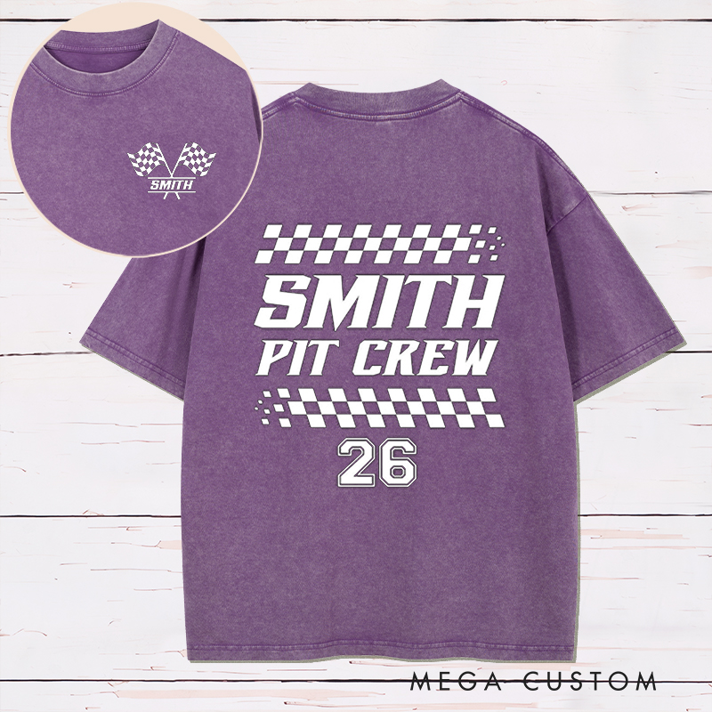 Personalized Racing Pit Crew Washed T‑Shirt Custom Name and Number Retro Vintage Racing Tee Car Lover Gift Matching Team Shirt