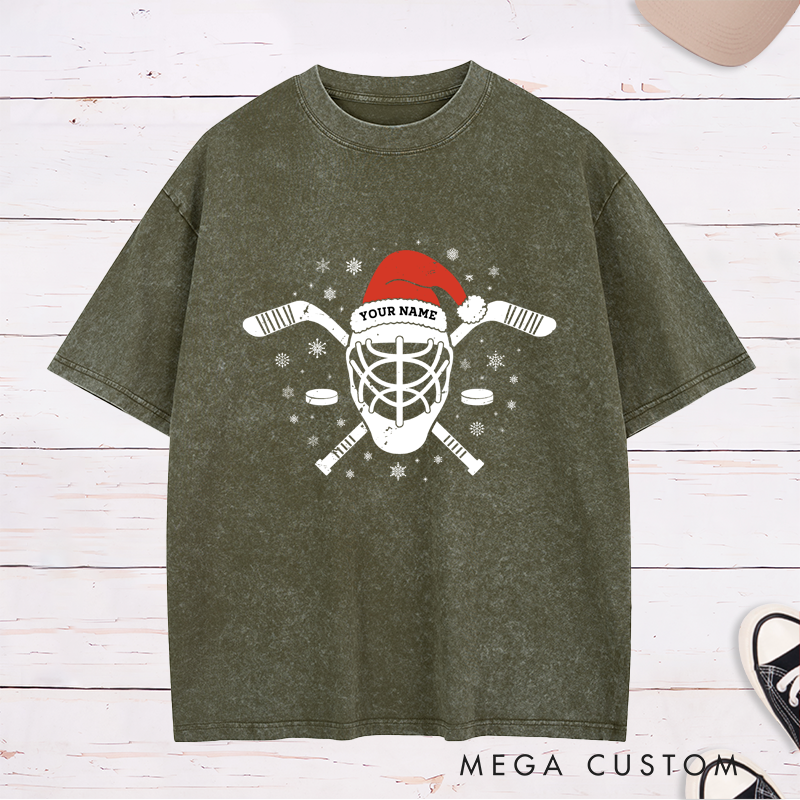 Personalized Washed Hockey T-Shirt with Custom Name and Festive Santa Hat Design