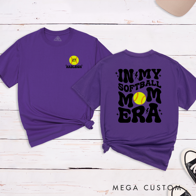 Personalized Softball Mom T-Shirt Design Featuring Bold Retro Text Custom Player Number and Name with Softball Graphic