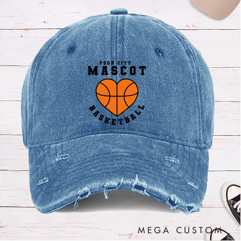 Personalized Distressed Denim Basketball Cap with Custom Team Name Mascot and Heart Basketball Graphic Design