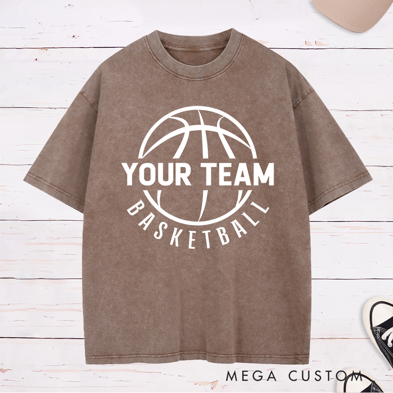 Personalized Washed T-Shirt Design Featuring a Bold Basketball Graphic with Customizable Team Name and Arched Text