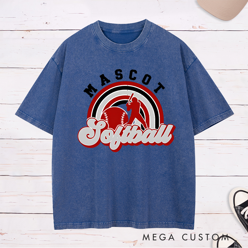 Personalized Softball Washed T-Shirt Design Featuring Custom Team Name Retro Rainbow Graphic Player Silhouette and Bold Typography