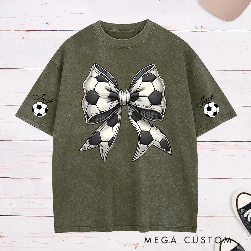 Personalized Soccer Washed T-Shirt with Stylish Soccer Ball Bow and Custom Name