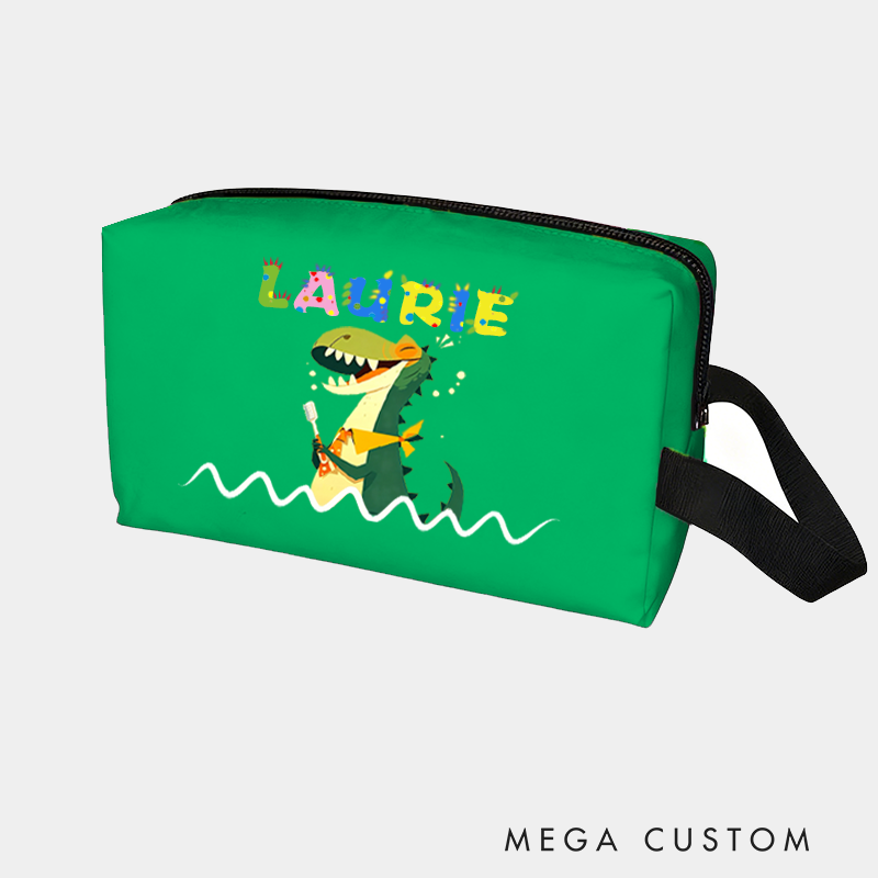 Personalized Fun Cartoon Dinosaur Brushing Teeth Print Toiletry Bag Custom Name for Kids Travel Gifts and Daily Use