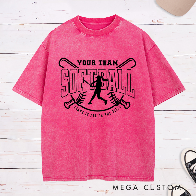 Softball Team Washed T-Shirt Featuring Customizable Team Name Player Silhouette and Motivational Slogan Design