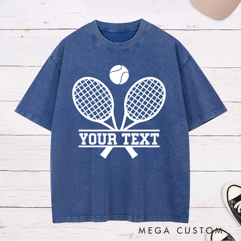 Personalized Tennis Washed T-Shirt with Crossed Rackets Design and Custom Text