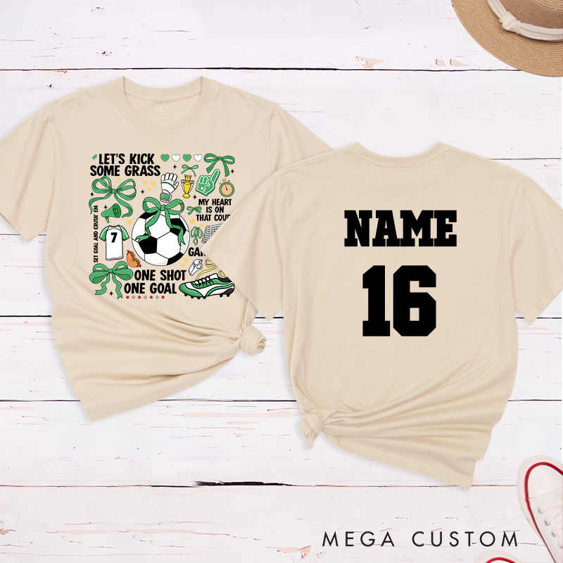 Personalized Soccer T-Shirt with Fun "Let's Kick Some Grass" Design and Custom Name and Number