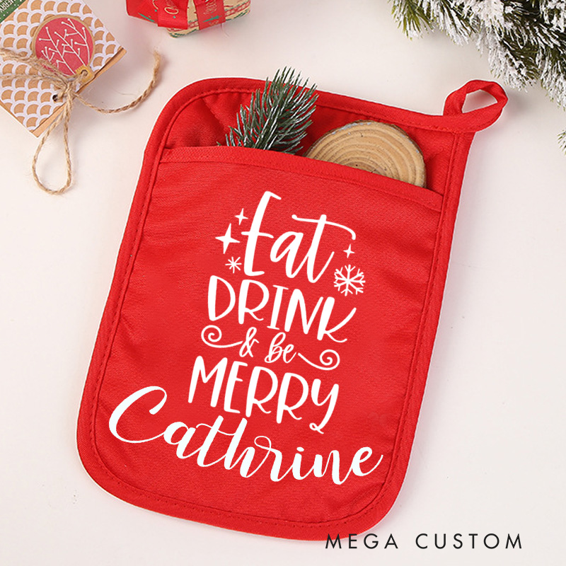 Personalized Eat Drink and Be Merry Pot Holders Custom Snowflake Potholder with Name Christmas Gift Baking Lovers Gift Baker Gift