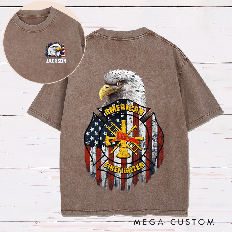 Personalized Firefighter Washed T-Shirt American Firefighter Bald Eagle and Flag Patriotic Design Unique Gift for Firefighters