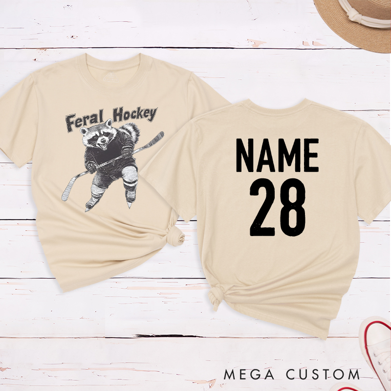 Personalized "Feral Hockey" Raccoon T-Shirt with Custom Name and Number