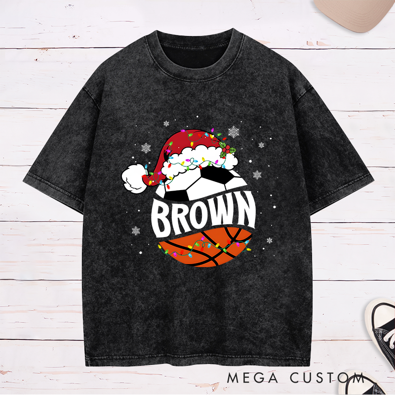 Personalized Washed T-Shirt with Custom Name, Basketball, Soccer Ball, and Santa Hat Holiday Design