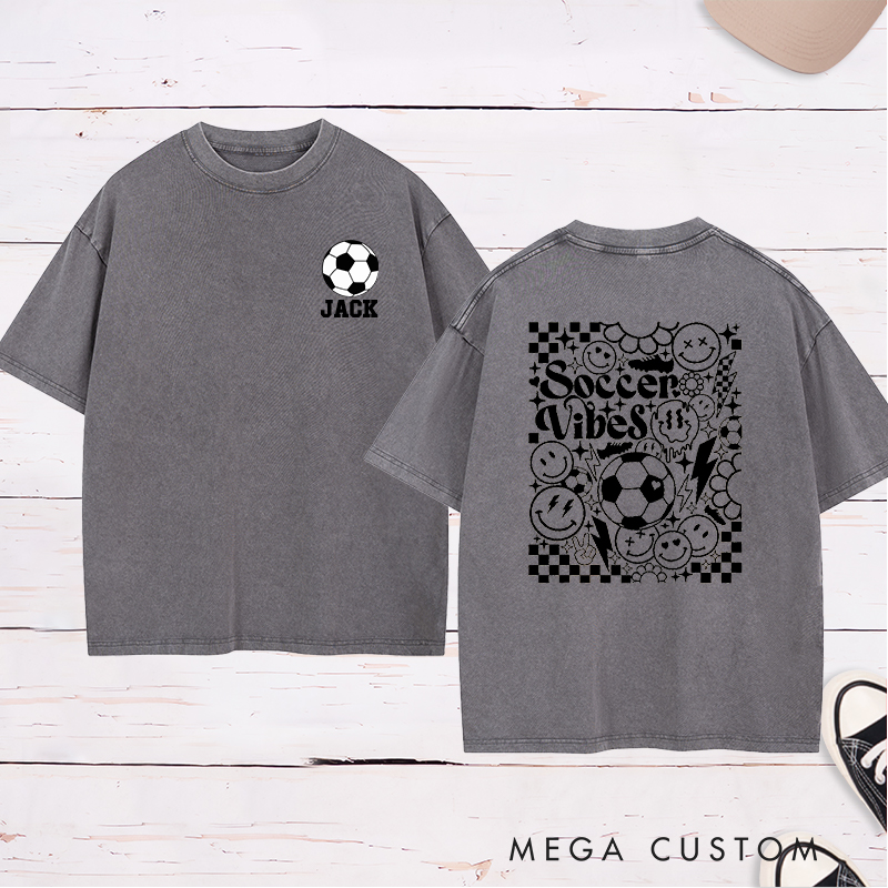 Personalized Soccer Washed T-Shirt with Custom Name and Bold Checkerboard Accents