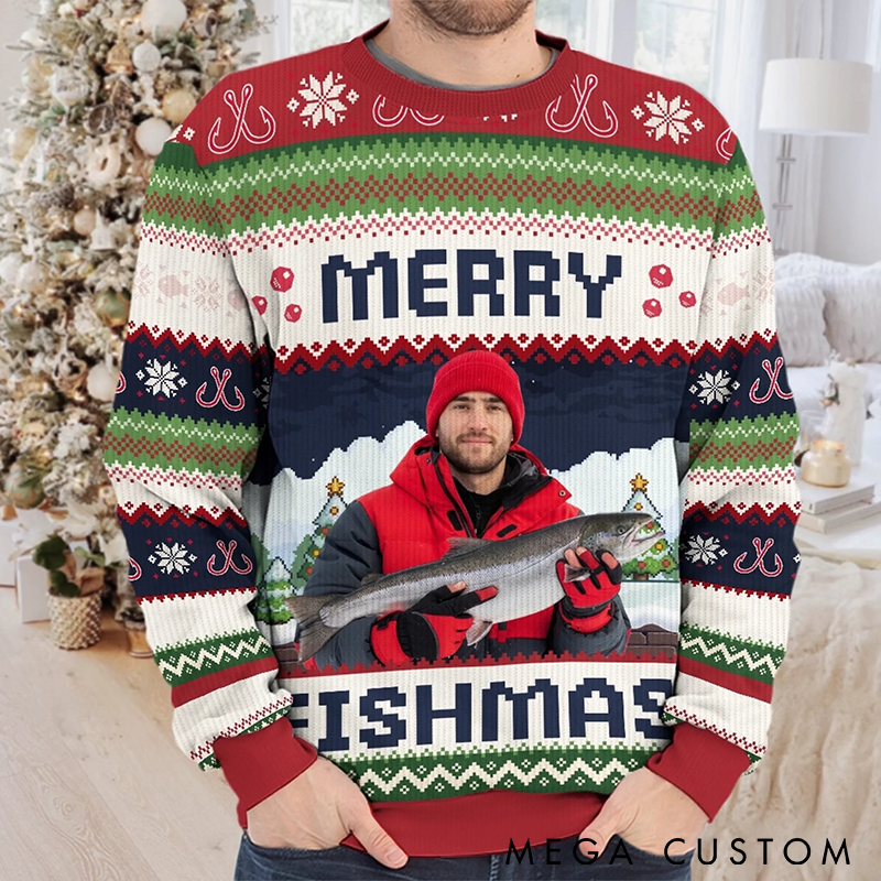 Personalized Merry Fishmas Ugly Sweater Fishing Ugly Christmas Sweater with Photo Funny Gift for Anglers Festive Holiday Fishing Apparel