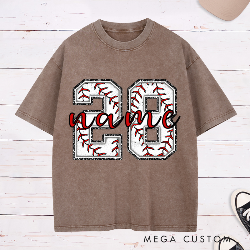 Personalized Baseball Washed T-Shirt Featuring Distressed Numbers and Custom Name and Number