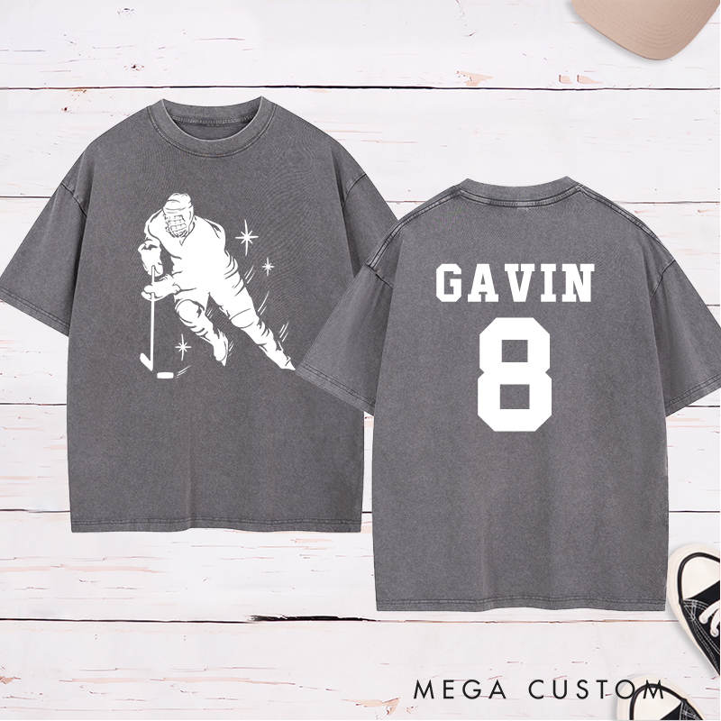 Personalized Hockey Player Silhouette Washed T-Shirt with Custom Name and Number