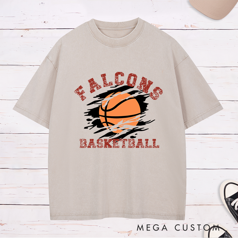 Personalized Washed T-Shirt Design Featuring Distressed Custom Team Name with Dynamic Basketball Graphic and Bold Vintage-Inspired Aesthetic