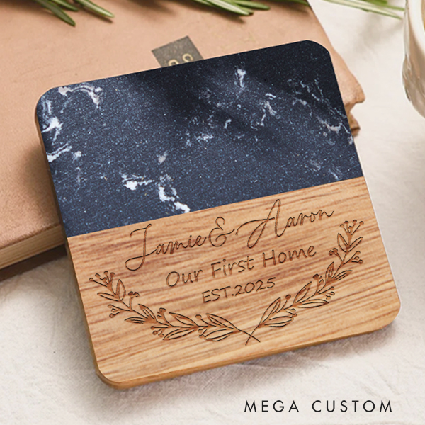 Personalized Coasters Custom Marble and Wood Coaster Our First Home for Couple Coasters Wedding Housewarming Gift Cherished Housewarming Memories