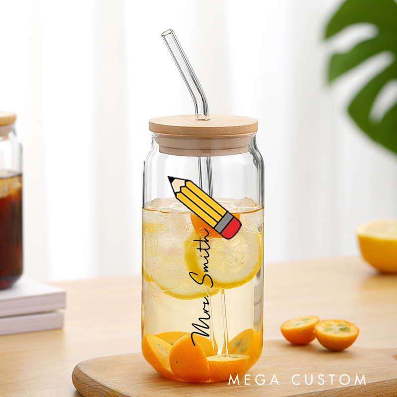 Personalized Teacher Tumbler with Lid and Straw Pencil Custom Glass Coffee Cup Teacher Appreciation Gift