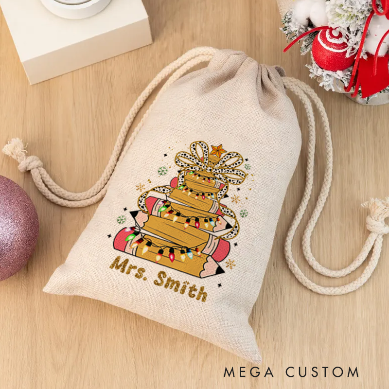 Personalised Christmas Santa Sack for Teachers Custom Pencil Light Snowflake Design Sack Christmas Gift