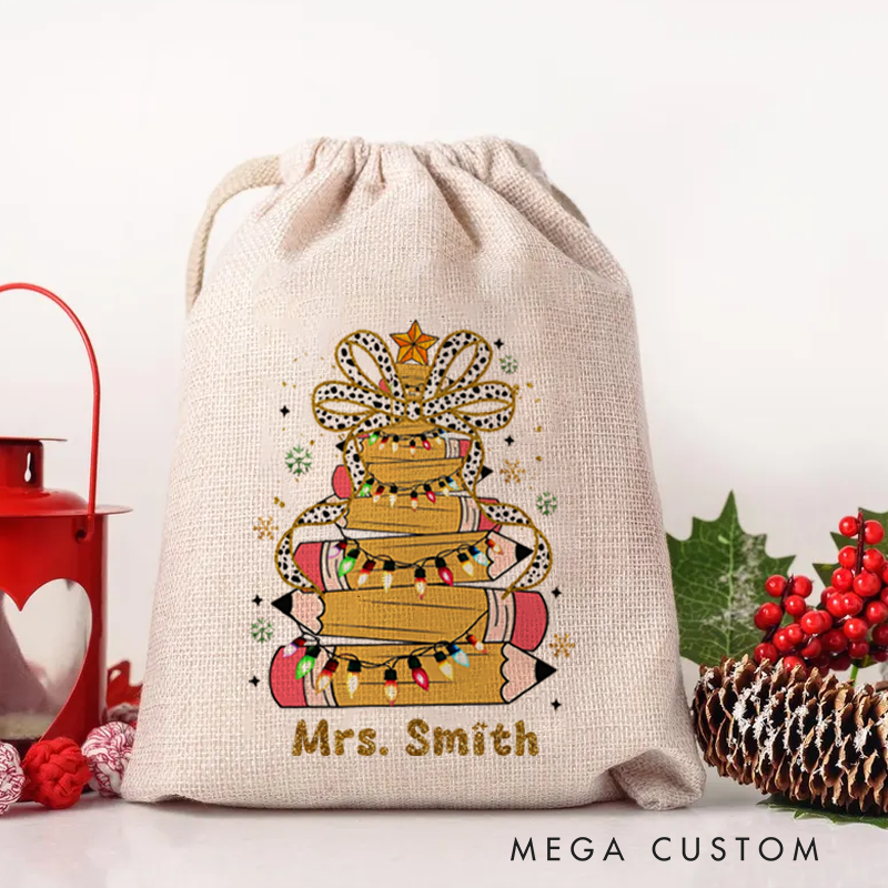 Personalised Christmas Santa Sack for Teachers Custom Pencil Light Snowflake Design Sack Christmas Gift