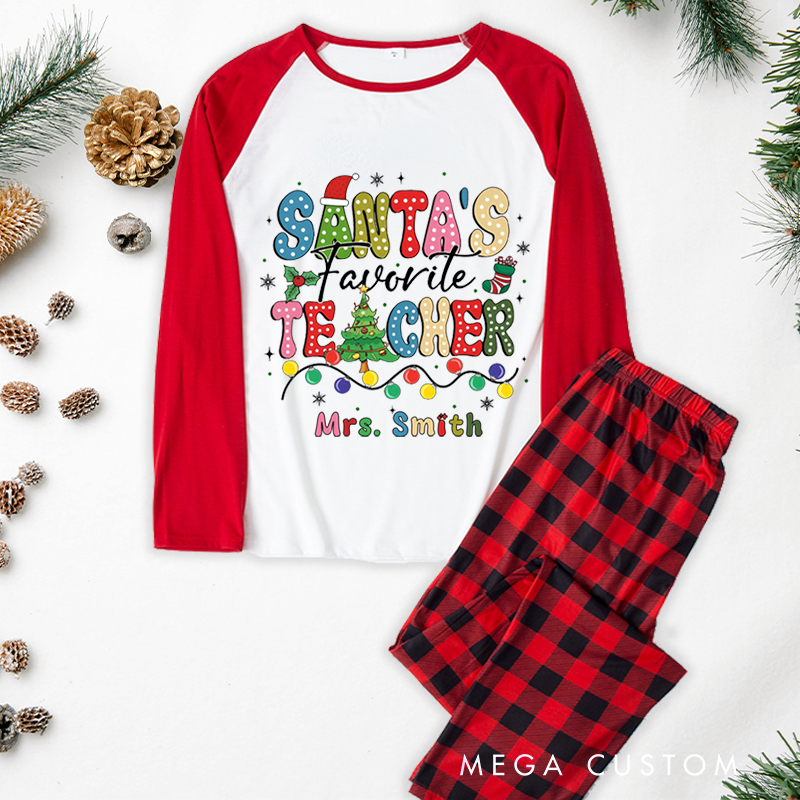 Personalized Teacher Christmas Pajama Sets Custom Santa's Favorite Teacher Design Pajamas Xmas Gift