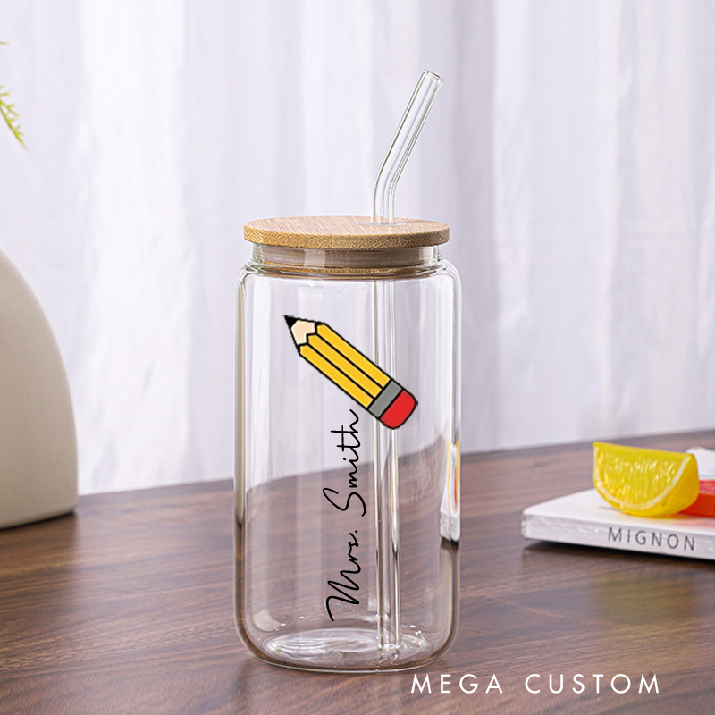 Personalized Teacher Tumbler with Lid and Straw Pencil Custom Glass Coffee Cup Teacher Appreciation Gift