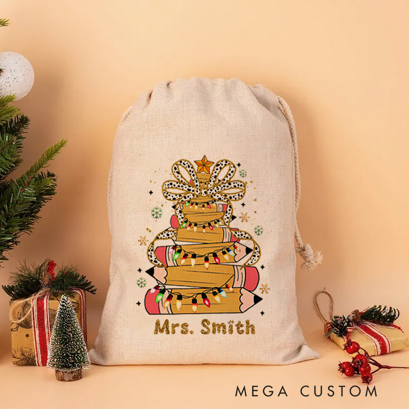 Personalised Christmas Santa Sack for Teachers Custom Pencil Light Snowflake Design Sack Christmas Gift