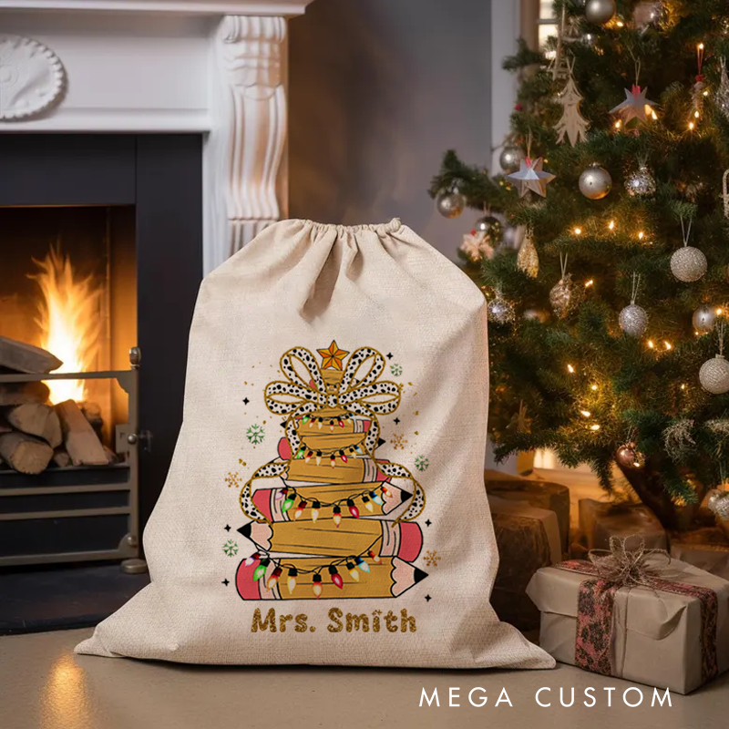 Personalised Christmas Santa Sack for Teachers Custom Pencil Light Snowflake Design Sack Christmas Gift