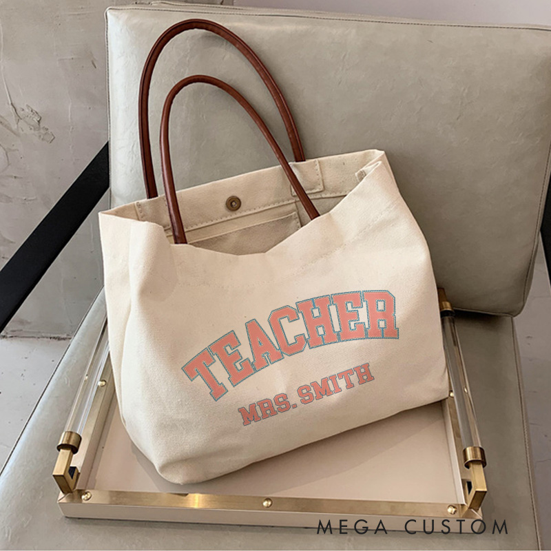 Personalized Teacher Canvas Tote Bag Stylish Teacher Design Appreciation Gift for Teachers
