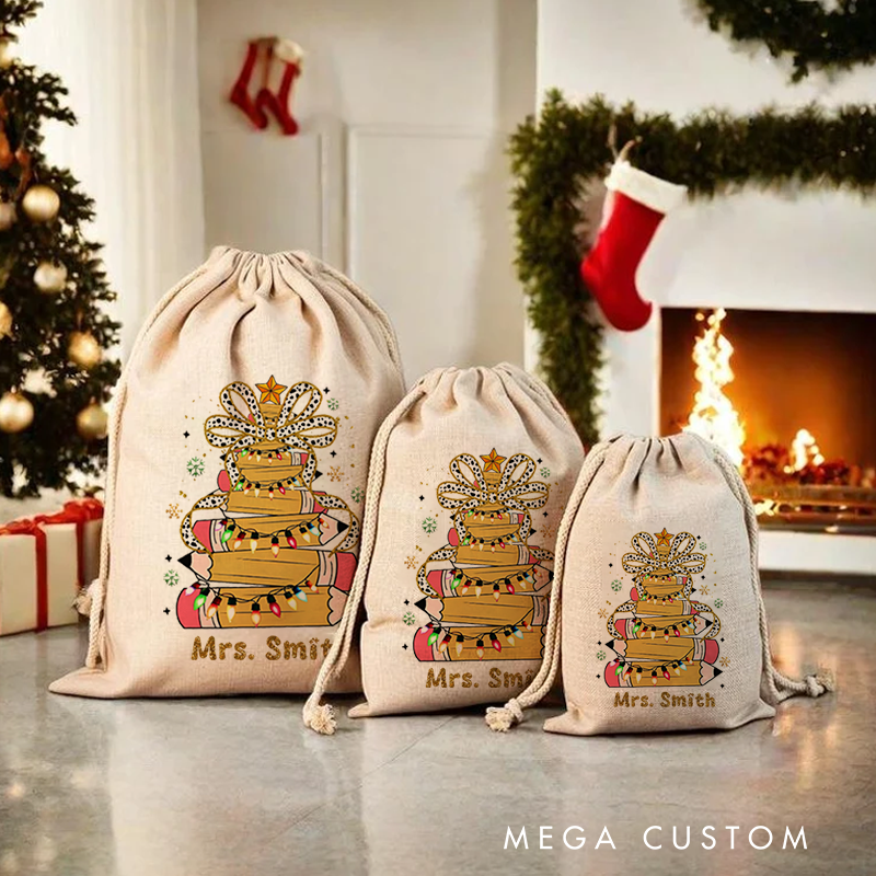 Personalised Christmas Santa Sack for Teachers Custom Pencil Light Snowflake Design Sack Christmas Gift