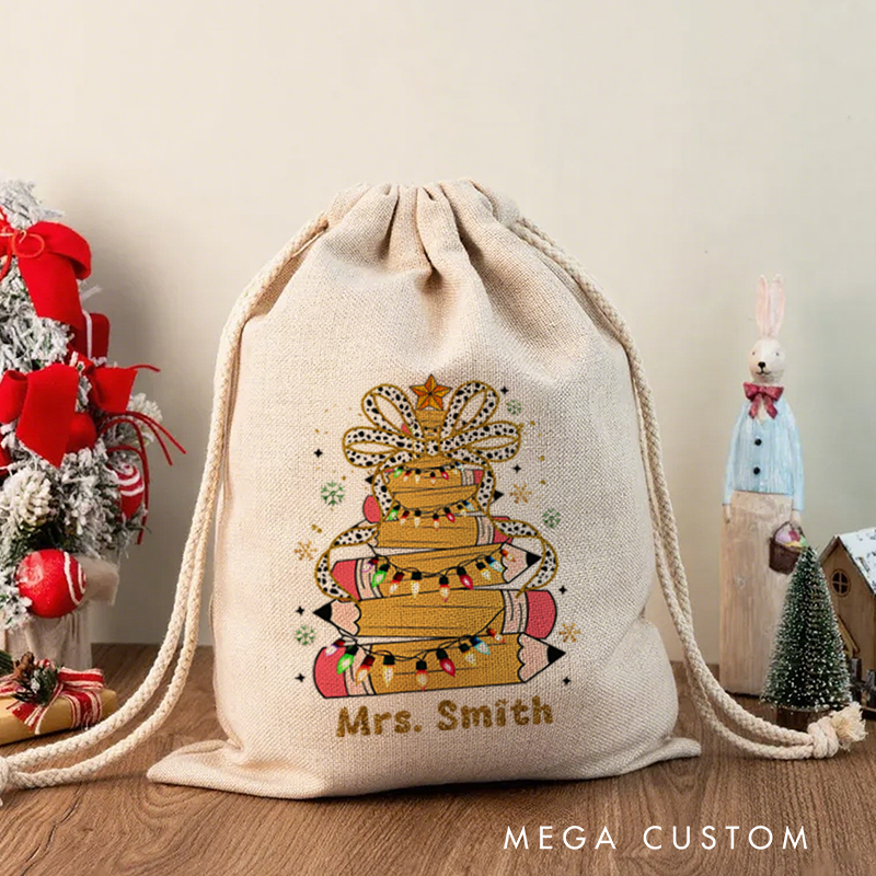 Personalised Christmas Santa Sack for Teachers Custom Pencil Light Snowflake Design Sack Christmas Gift