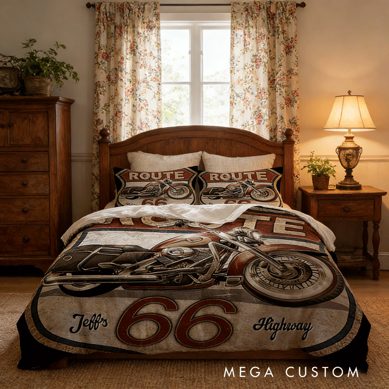 Personalized Retro Highway Motorcycle Duvet Cover Bedding Set Custom Name Gift for Bikers and Motorcycle Fans
