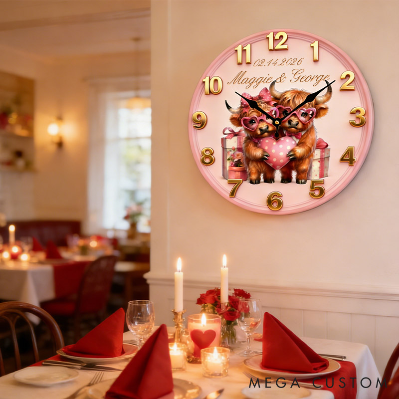 Personalized Highland Cow Couple Happy Valentine's Day Wall Clock Custom Pink Highland Cow Holding Heart 3D Effect Wall Clock Valentines Day Gift