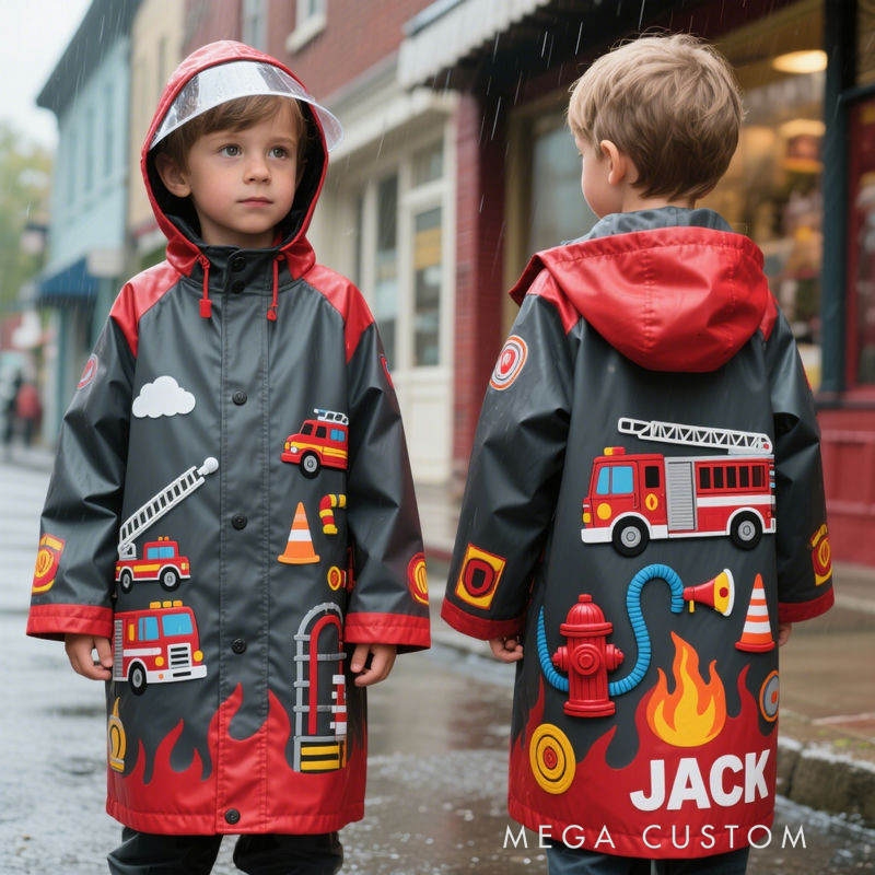 Personalized Kids Firefighter Themed Waterproof Raincoat 100% Waterproof Kids Firefighter Raincoat – Heavy-Duty PU Rain Gear with Full Weather Protection & Playful 3D Details