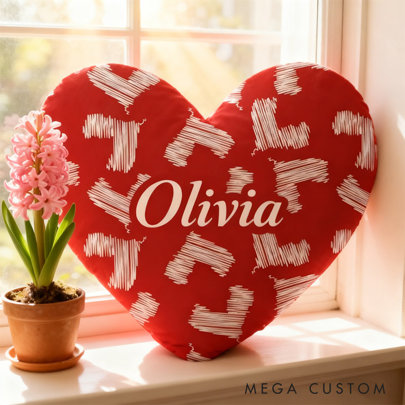 Personalized Girl friend Red Heart Shaped Pillow Custom Couple Name Valentines Day Cushion Anniversary Date Night Gift for Her Wife Girlfriend