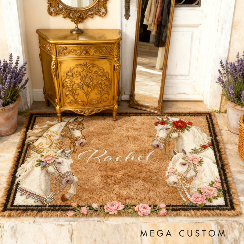 Personalized Rugs Riding Floral Doormat Floral Horse Custom Name Festive Flower Decor with French Countryside Gifts Doormat for Family for Riding Lovers Equestrian Lovers