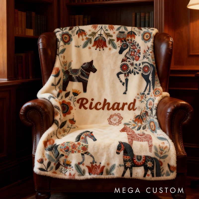 Personalized Riding Floral Blanket Floral Horse Custom Name Throw Blanket Festive Flower Decor with French Countryside Gifts Family Blanket for Riding Lovers Equestrian Lovers