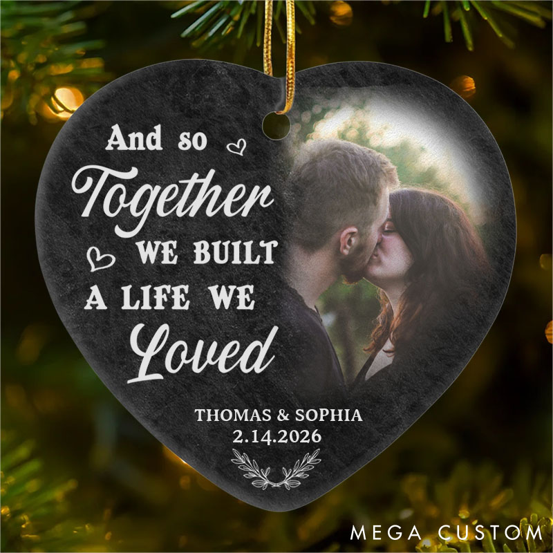 Personalized Couple Photo My Favorite Place in All the World is Next to You Round and Heart Shaped Ceramic Ornament Christmas Valentines Day Gift