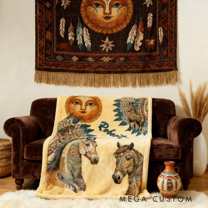 Personalized Riding Feather Sun Blanket Flower Horse Custom Name Festive Flower Decor with French Countryside Gifts Family Blanket for Riding Lovers Equestrian Lovers