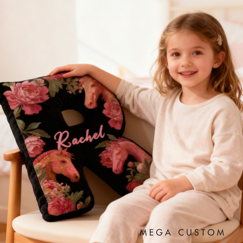 Personalized Riding Equestrian Floral Letter Pillow Horse Custom Name Festive Flower Decor with French Countryside Gifts for Family Graphic 3D Print for Riding Lovers Equestrian Lovers