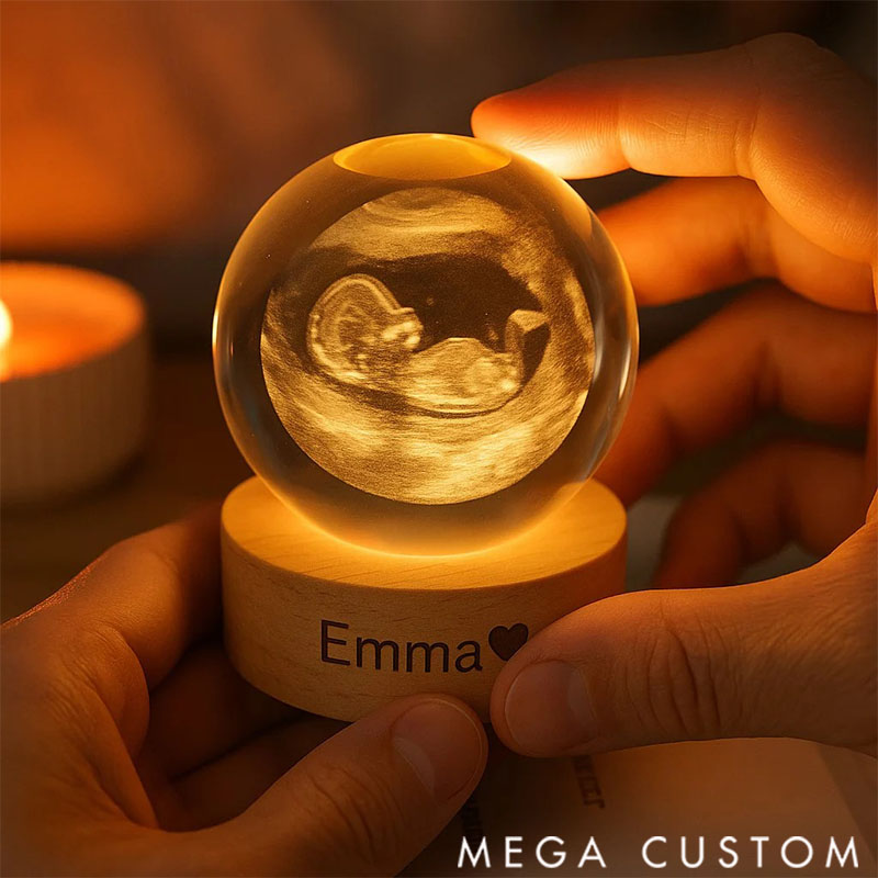 Personalized Crystal Ball Night Light, Custom 2D Photo Ultrasound Picture Frames, Luminous Wooden Base